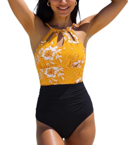wadizo Damen Badeanzug Bauchweg Push up Bademode Badeanzüge für Damen Monokinis mit Verstellbares Rückband High Waist Schwimmanzug Swimsuit for Women (B Gelb Blatt, S) von wadizo