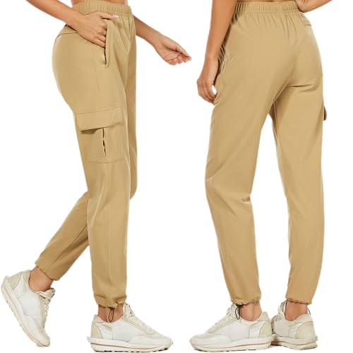 wadizo Wanderhose Damen Leichter Schnelltrocknend Trekkinghose Outdoorhose UV-Schutz Atmungsaktiv Kratzfest Funktionshose Sommer Outdoor Cargohose mit Reißverschlusstasche (Khaki, S) von wadizo