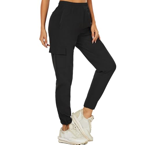 wadizo Wanderhose Damen Leichter Schnelltrocknend Trekkinghose Outdoorhose UV-Schutz Atmungsaktiv Kratzfest Funktionshose Sommer Outdoor Cargohose mit Reißverschlusstasche (Schwarz, M) von wadizo