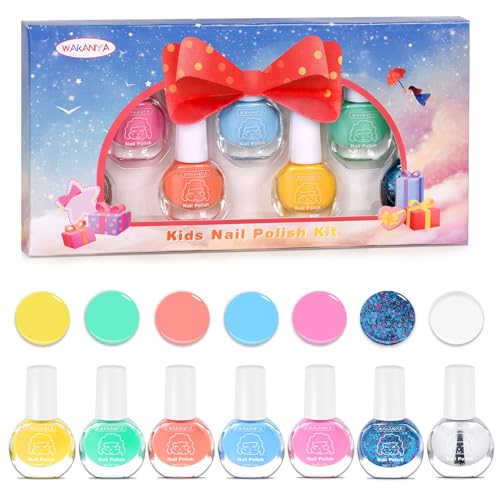 wakaniya kindernagellack Wasserbasis Peel Off Kinder nagellack Set mit Klarer Farbe, 7 Farben Schnell Trocknend Ungiftig Nagellack set Mädchen Perfekt für Geburtstagsgeschenke Nail Art von wakaniya