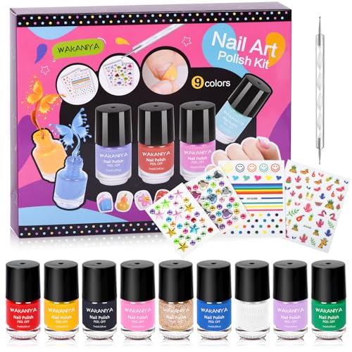 wakaniya Kinder Nagellack Set für Mädchen Quick Dry Mini Nagellack Kit mit Edelstein Aufkleber, nicht toxische Wasser-basierte Peel-Off Low Geruch Kinder Nagel Set für Alter 3+ Nail Polish von wakaniya