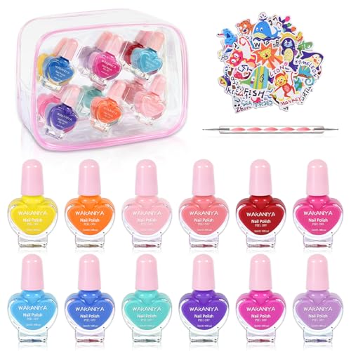 wakaniya 12 Farbiger Nagellack Set für Kinder, kinder Nagellack Mädchen Ungiftig, Peel Off Kindernagellack Kommt Mit DIY-Aufklebern, Nagelstudio Kinder Mädchen Mit PVC-Tasche von wakaniya