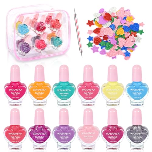 wakaniya Nagellack Set für Kinder, Kinder Nagellack Mädchen Ungiftig Schnelltrocknend Abreißbar, Peel off Auf Wasserbasis Kindernagellack Kommt Mit glänzenden Aufklebern und PVC-Beutel von wakaniya