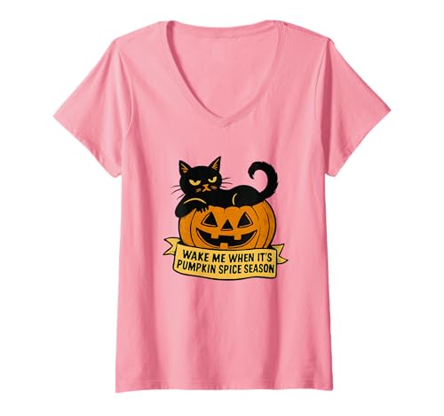 Damen Katze auf Kürbis weckt Mich, wenn es Kürbissaison ist T-Shirt mit V-Ausschnitt Damen Katze auf Kürbis weckt Mich, wenn es Kürbissaison ist T-Shirt mit V-Ausschnitt von wake me when its pumpkin season