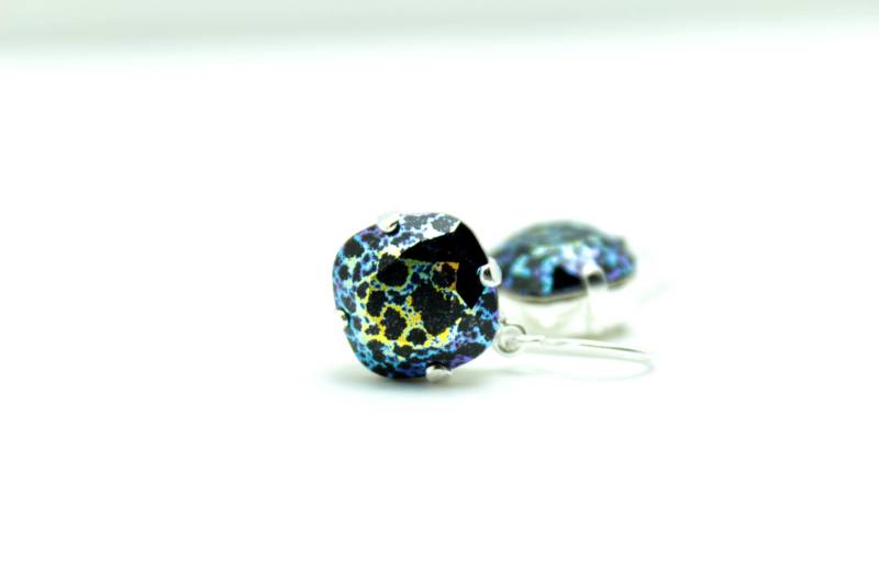 Jet Schwarz Kristall Baumeln Patina Ohrringe Metallic Fett Solitär Swarovski Tropfen Sterling Silber 14 K Rose Gold Gefüllt Polka Dot Grün Blau von walkonthemoon