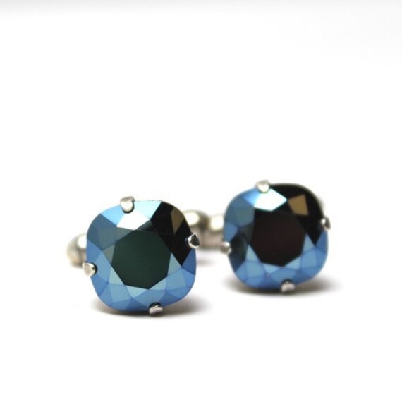 Metallisch Blau Crystal Manschettenknöpfe Classic Schiefer Rotguss Stahl Funkelnden Solitär Swarovski 12mm Cool Hochzeit Bräutigam Trauzeugen von walkonthemoon