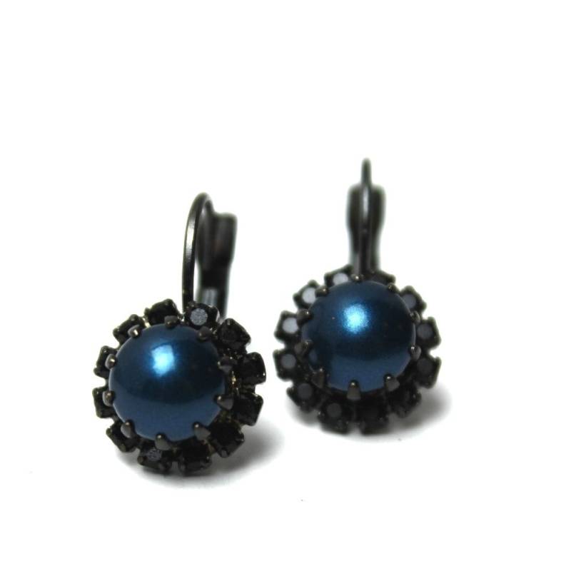 Petrol & Jet Black Crystal Ohrringe Bright Teal Blue Swarovski Pearl 8mm Ohrstecker Strass Krone Viktorianisch Art Deco Romantisch Messing von walkonthemoon