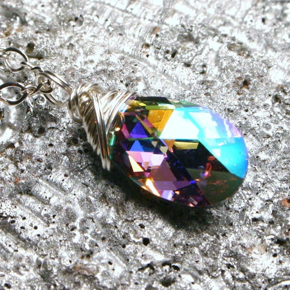Regenbogen Teardrop Kristall Halskette Seltene Fett Swarovski Cal Ab Metallic Drop Fancy Sterling Silber Kette Handgemachte Funkeln Infinity Erbstück von walkonthemoon
