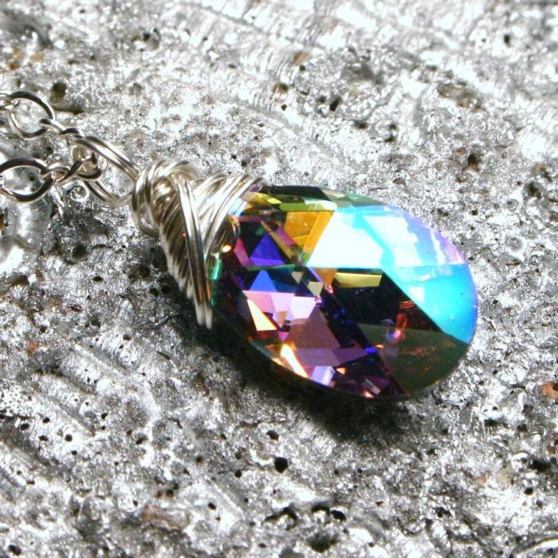 Regenbogen Teardrop Kristall Halskette Seltene Fett Swarovski Cal Ab Metallic Drop Fancy Sterling Silber Kette Handgemachte Funkeln Infinity Erbstück von walkonthemoon