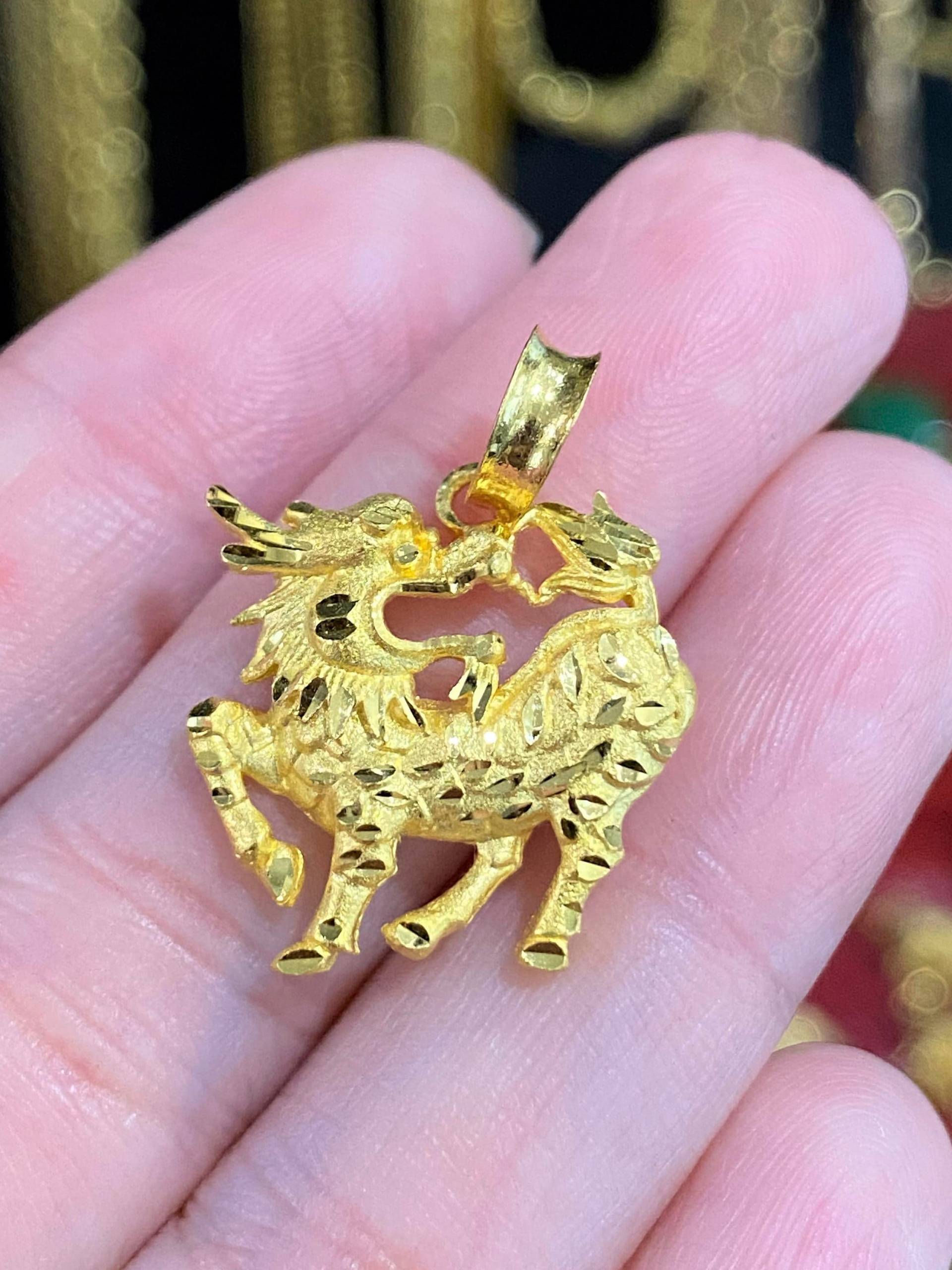 980Er 24K Reines Gold 3D Diamantschliff Dragon Foo Hund Vintage Anhänger von wandajewelry2013