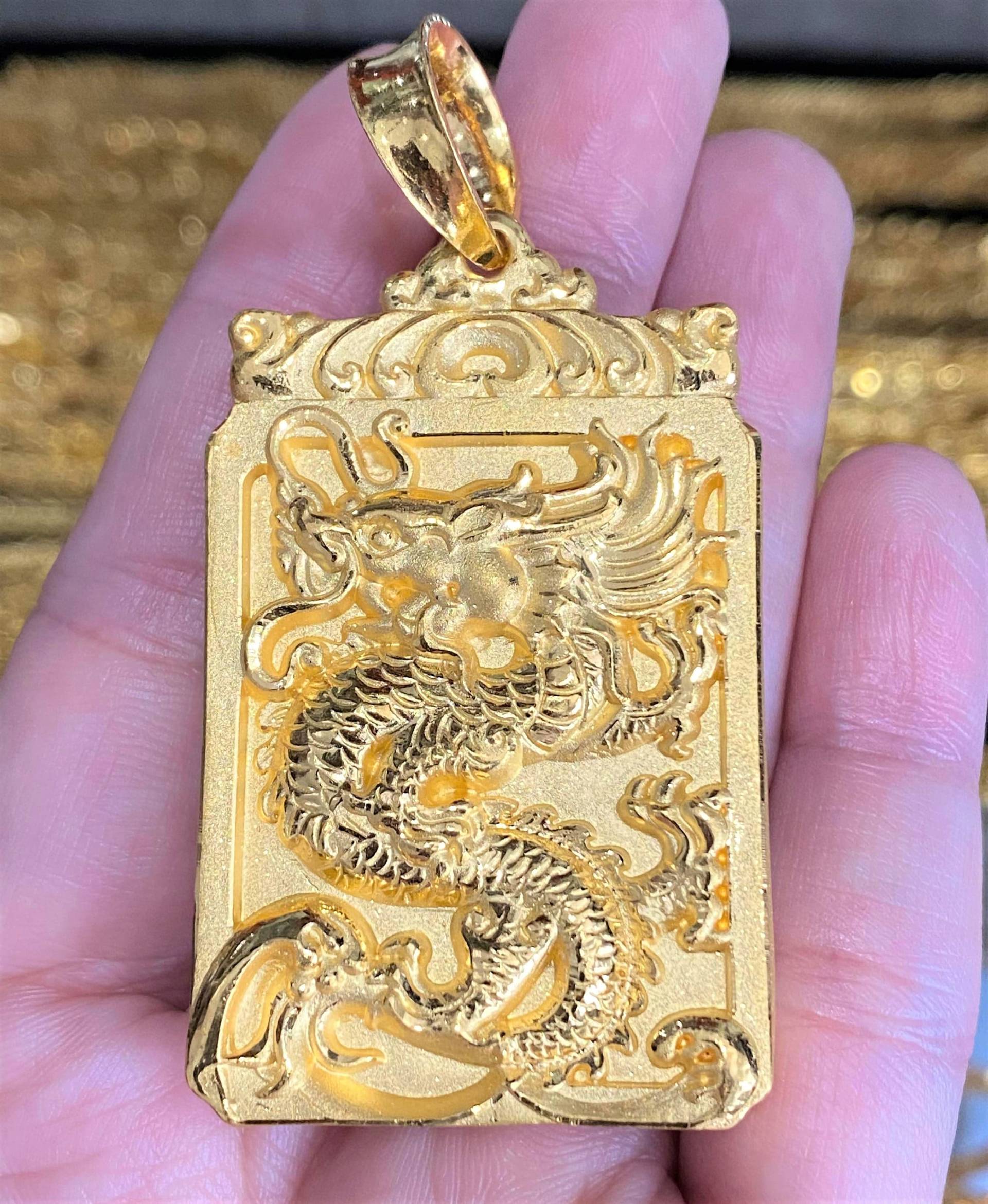 9999Er Reines 24K Gold 3D Drache Zweiseitiger Vintage Anhänger von wandajewelry2013