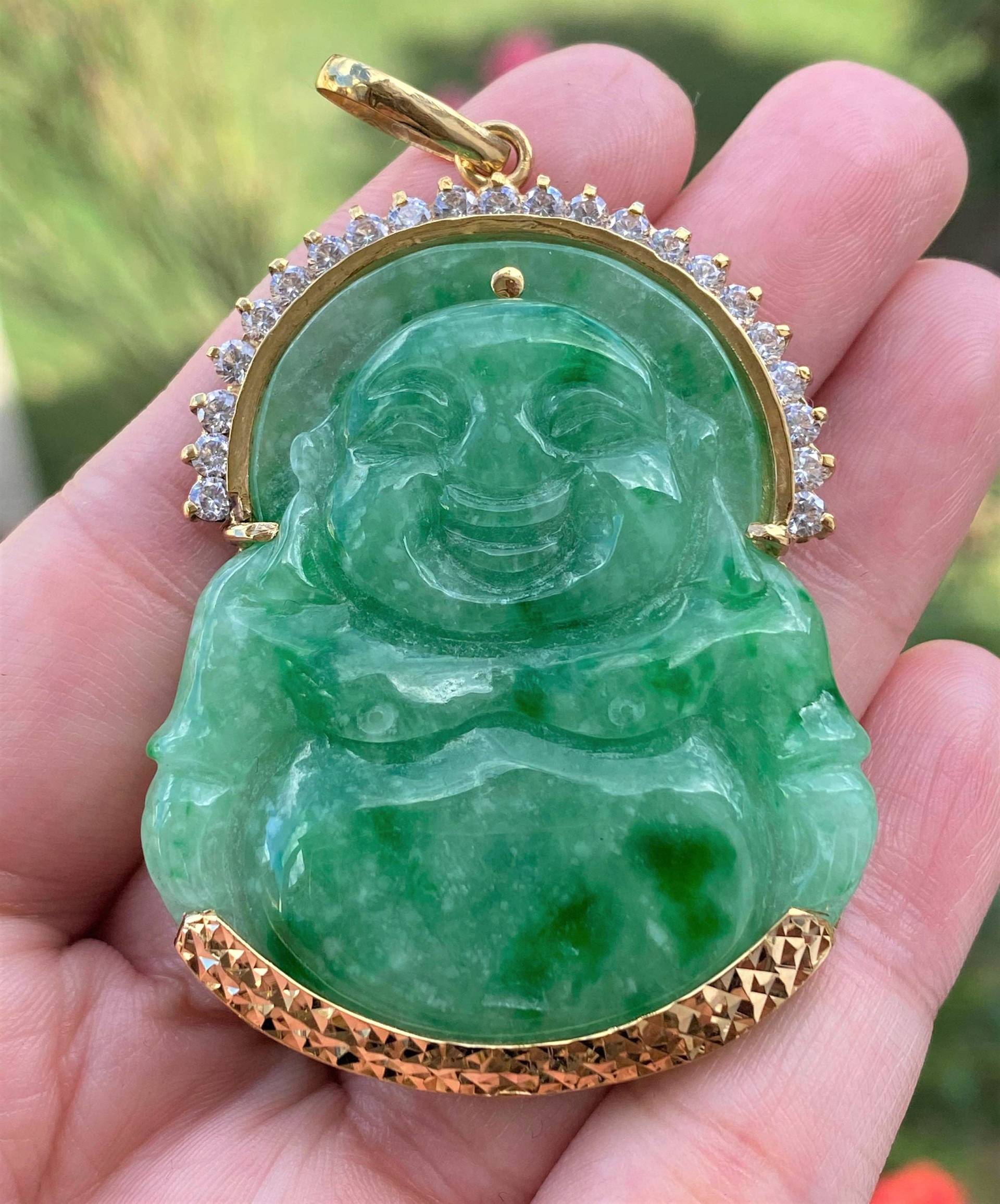 Jahrgang 18K Solid Yellow Gold Grün Jadeit Jade, Weiße Topas Lachen Buddha Anhänger Phat Di Lac von wandajewelry2013