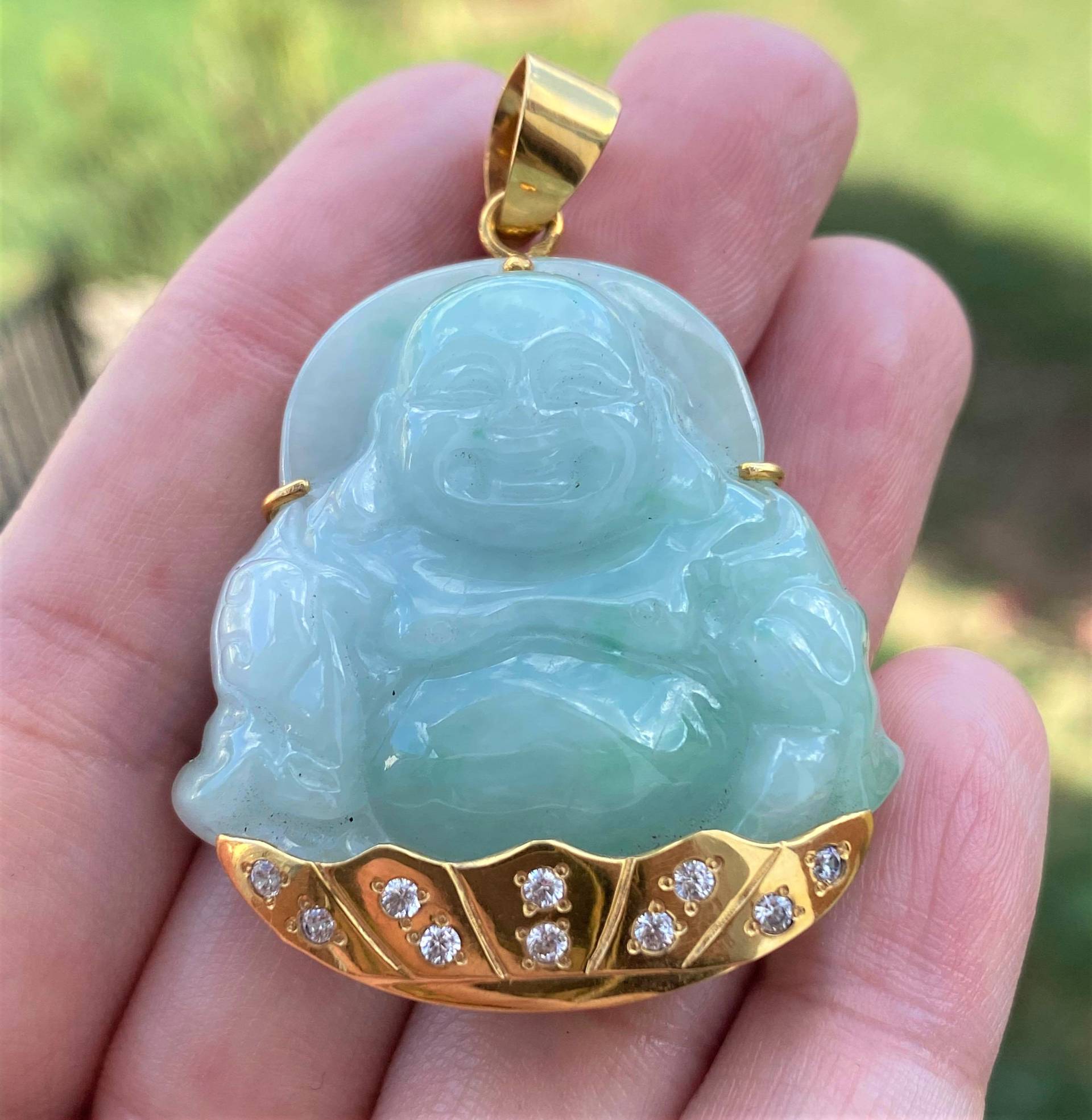 Jahrgang 18K Solid Yellow Gold Grün Jadeit Jade, Weiße Topas Lachen Buddha Anhänger von wandajewelry2013