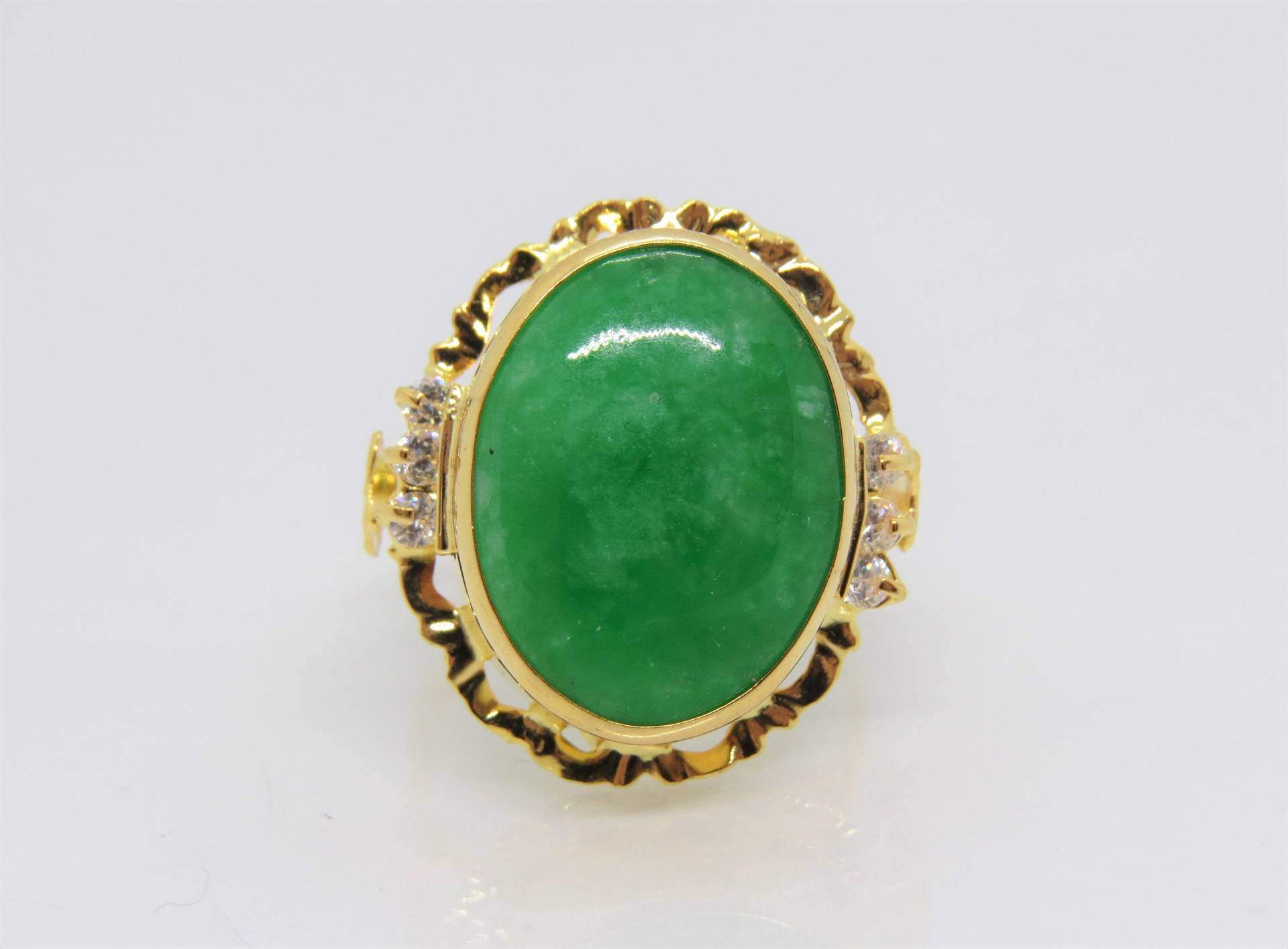 Jahrgang 18K Solid Yellow Gold Grün Jadeit Jade & Weiß Topas Filigranring Ring Größe 6, 75 von wandajewelry2013