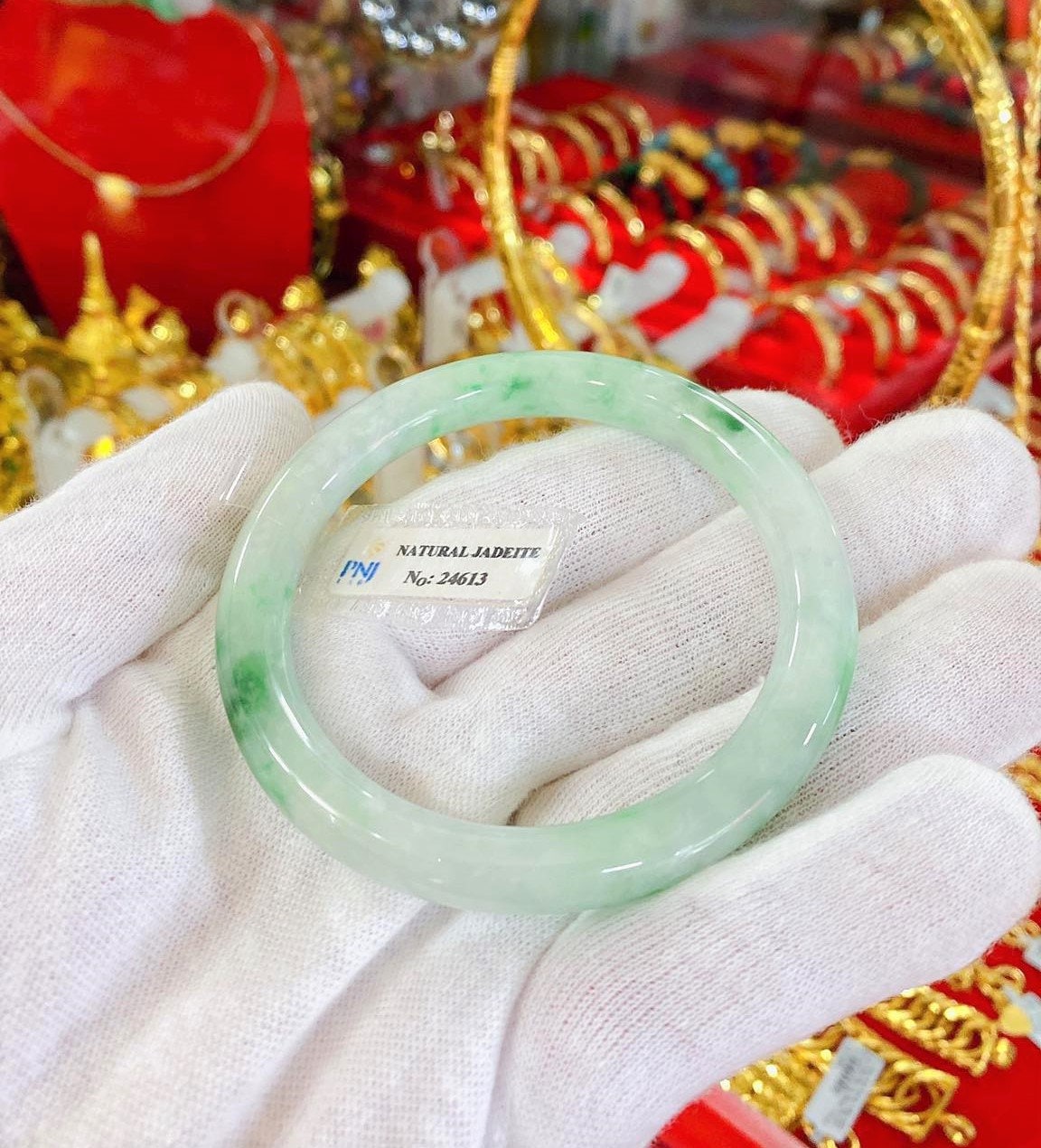 Natürlicher Grüner, Weißer Jadeit Jade Vintage Armreif 56.4mm von wandajewelry2013