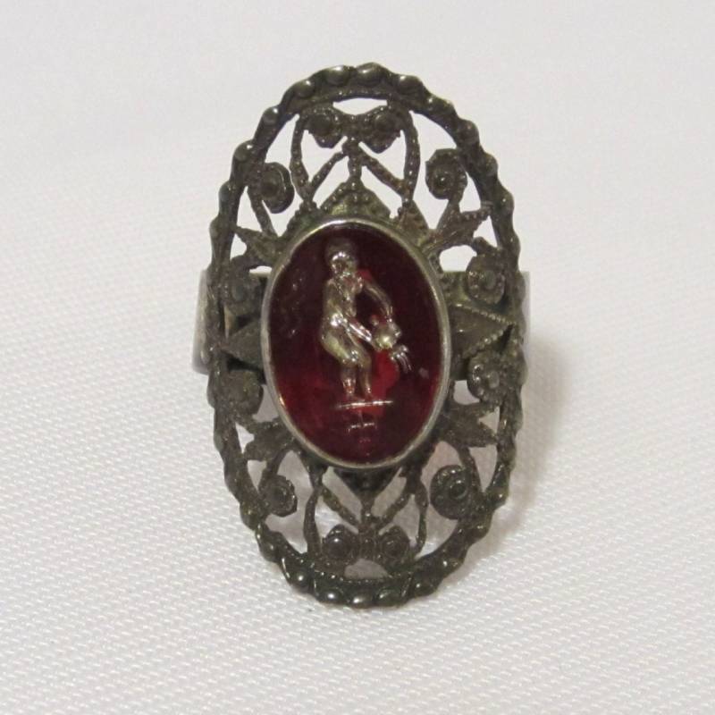 Verstellbarer Ring Aus Antikem Sterlingsilber Mit Rotem Rubin Und Graviertem Stein, Größe 10 von wandajewelry2013