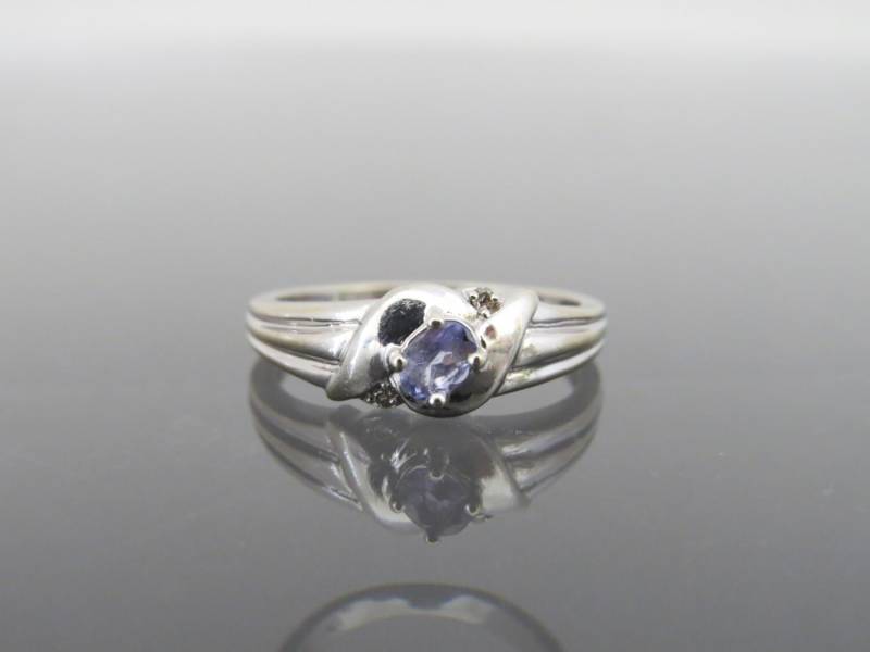 Vintage 10K Solid White Gold Natürliche Tansanit & Diamant Ring Größe 6, 75 von wandajewelry2013