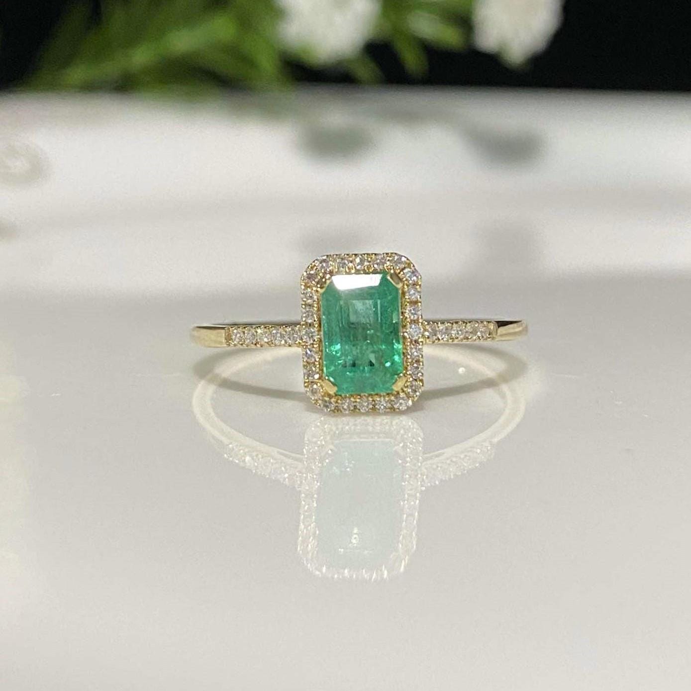 Vintage 14K Solid Gelb Gold Natürliche Smaragd & Diamant Ring Größe 6, 5 von wandajewelry2013