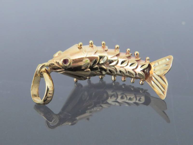 Vintage 14K Solid Gelb Goldfisch Bewegliche Rubin Augen Charm Anhänger von wandajewelry2013