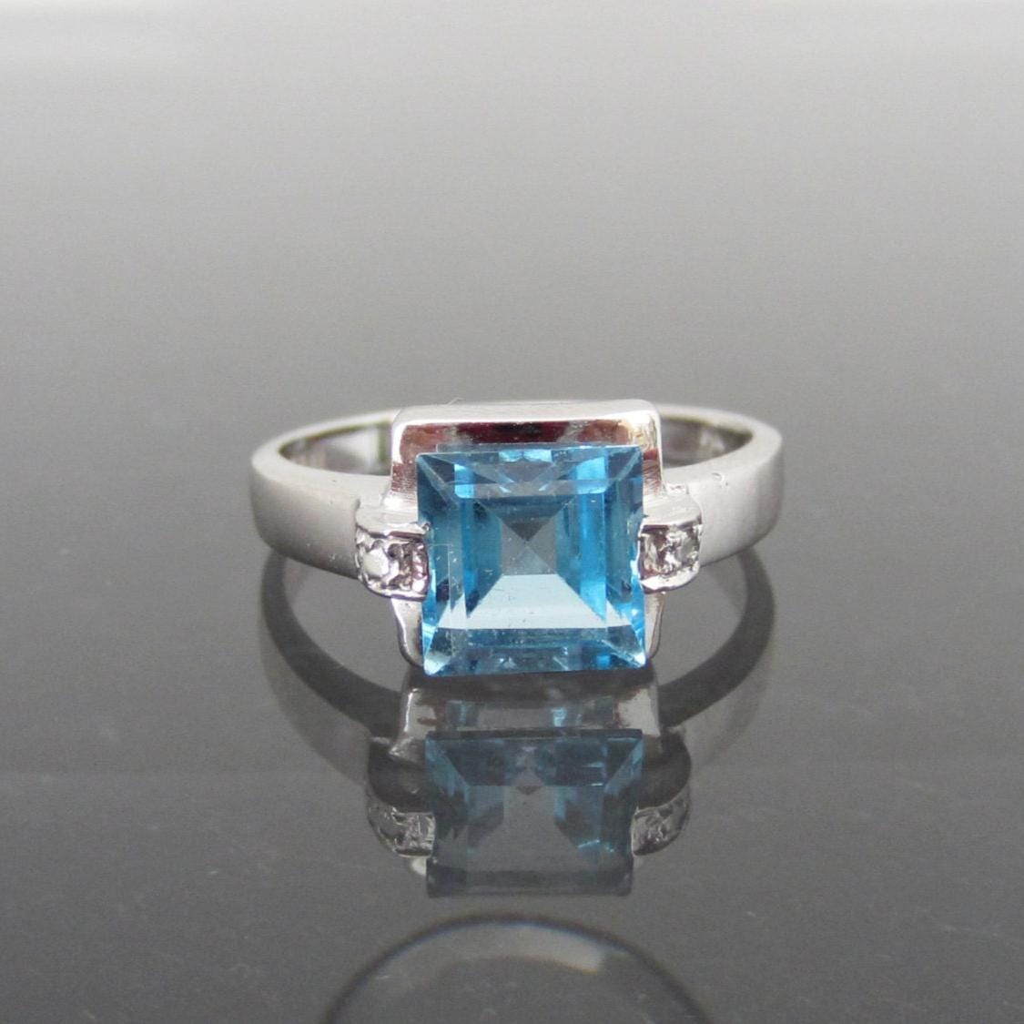 Vintage 14K Weißgold 2 Karat Princess Cut Blautopas & Diamant Ring Größe 7, 25 von wandajewelry2013