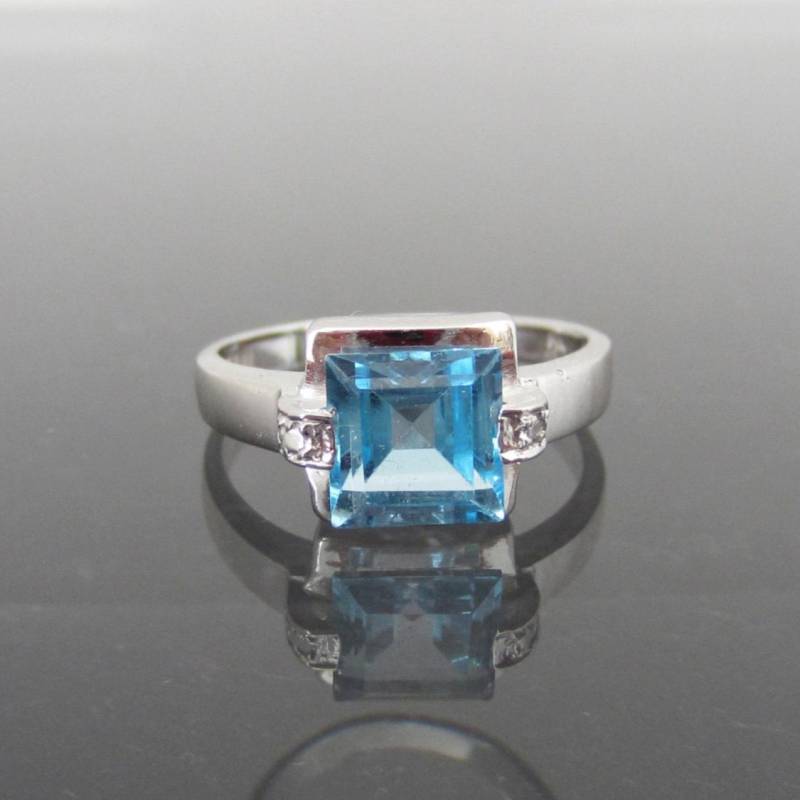 Vintage 14K Weißgold 2 Karat Princess Cut Blautopas & Diamant Ring Größe 7, 25 von wandajewelry2013