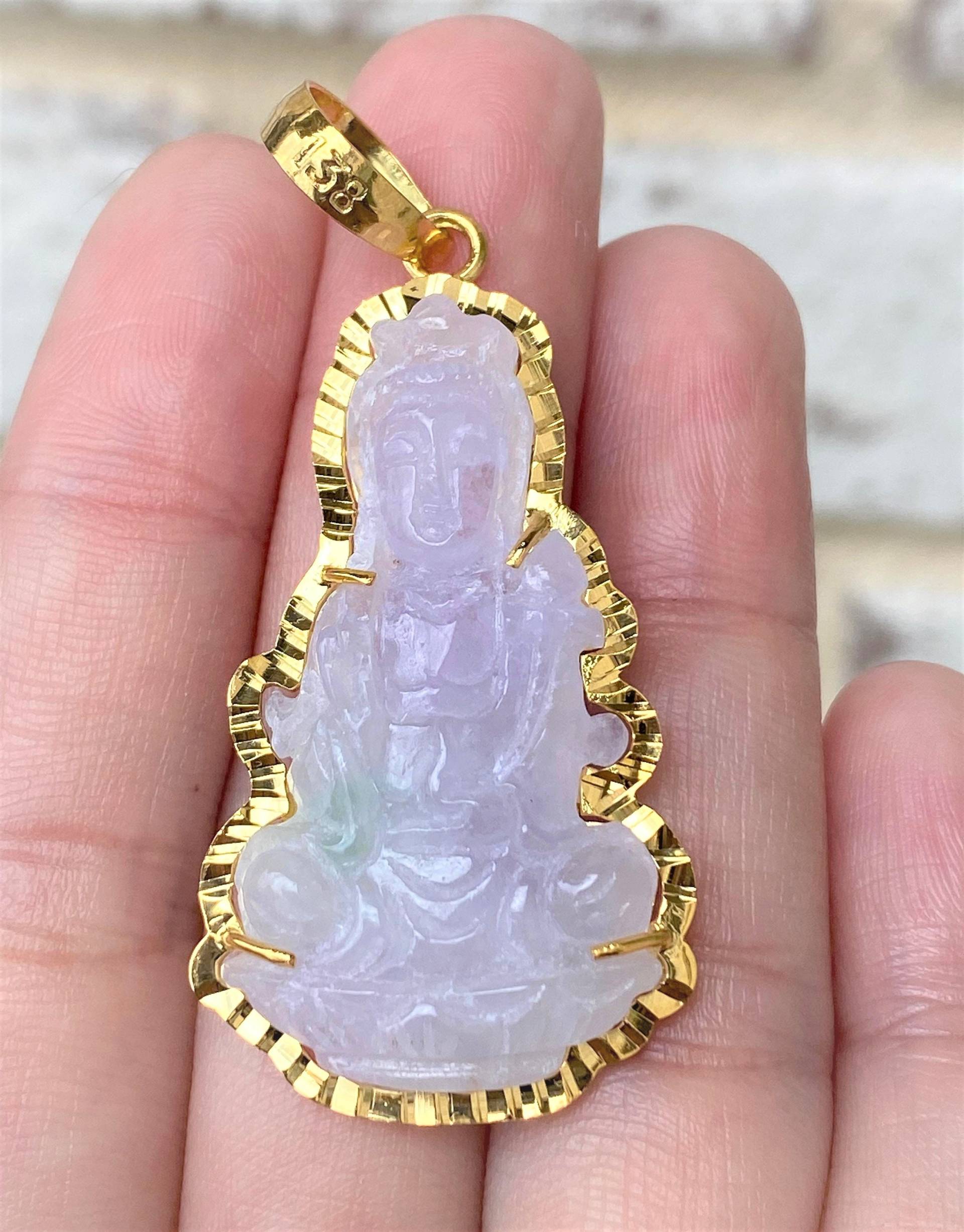 Vintage 18K Massives Gold Natur Lila Lavendel, Hellgrüner Jadeit Jade Kwan Yin Buddha Anhänger Phat Ba Quan Am von wandajewelry2013