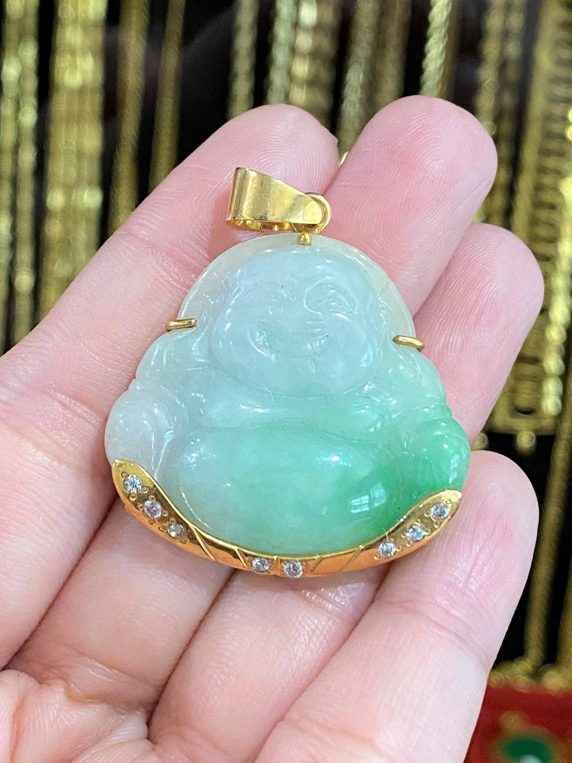 Vintage 18K Massiv Gelbgold Grün, Weißer Jadeit Jade, Topas Lachender Buddha Anhänger Phat Di Lac von wandajewelry2013