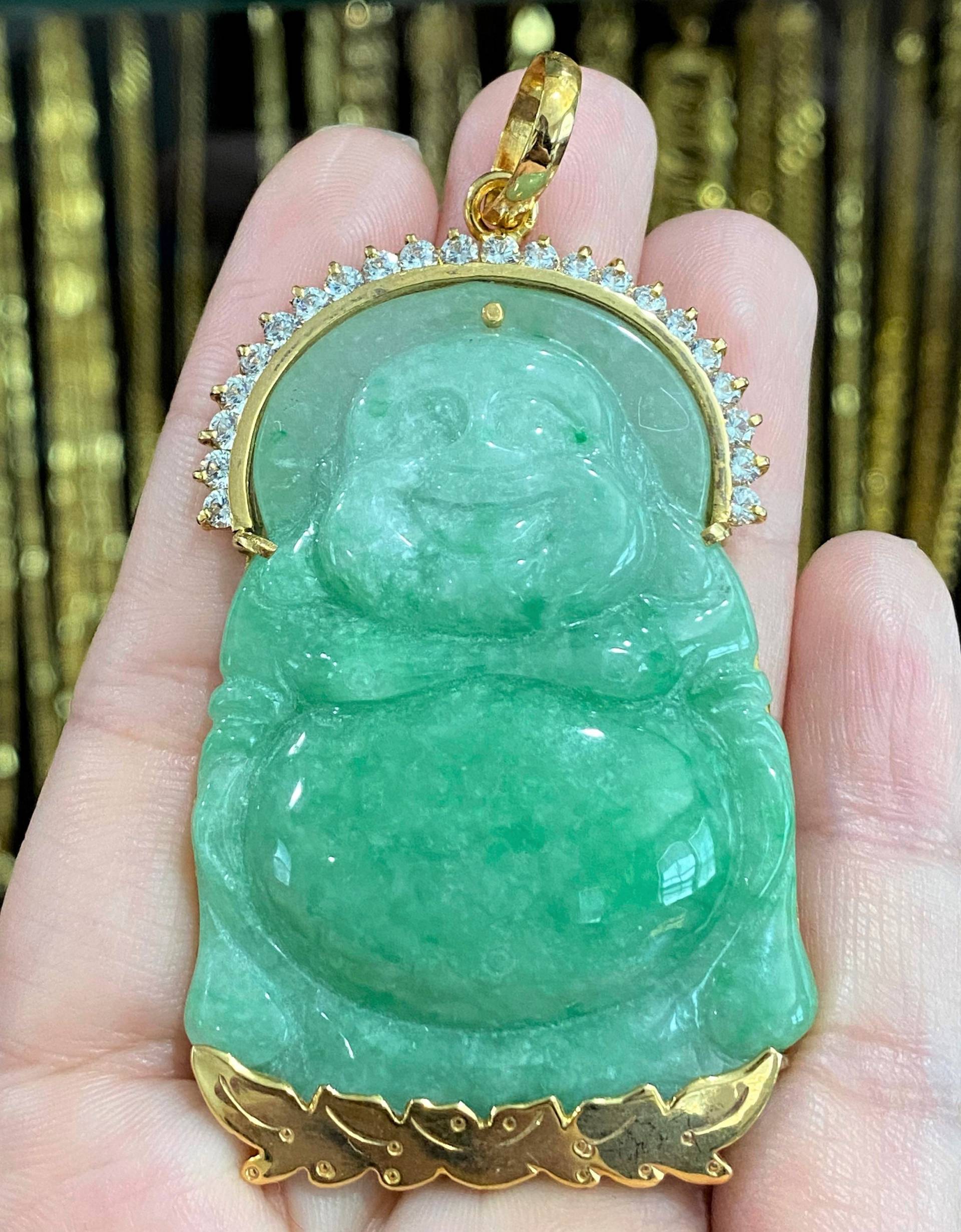 Vintage 18K Massiv Gelbgold Grün Jadeit Jade, Weiß Topas Lachender Buddha Anhänger Phat Di Lac von wandajewelry2013