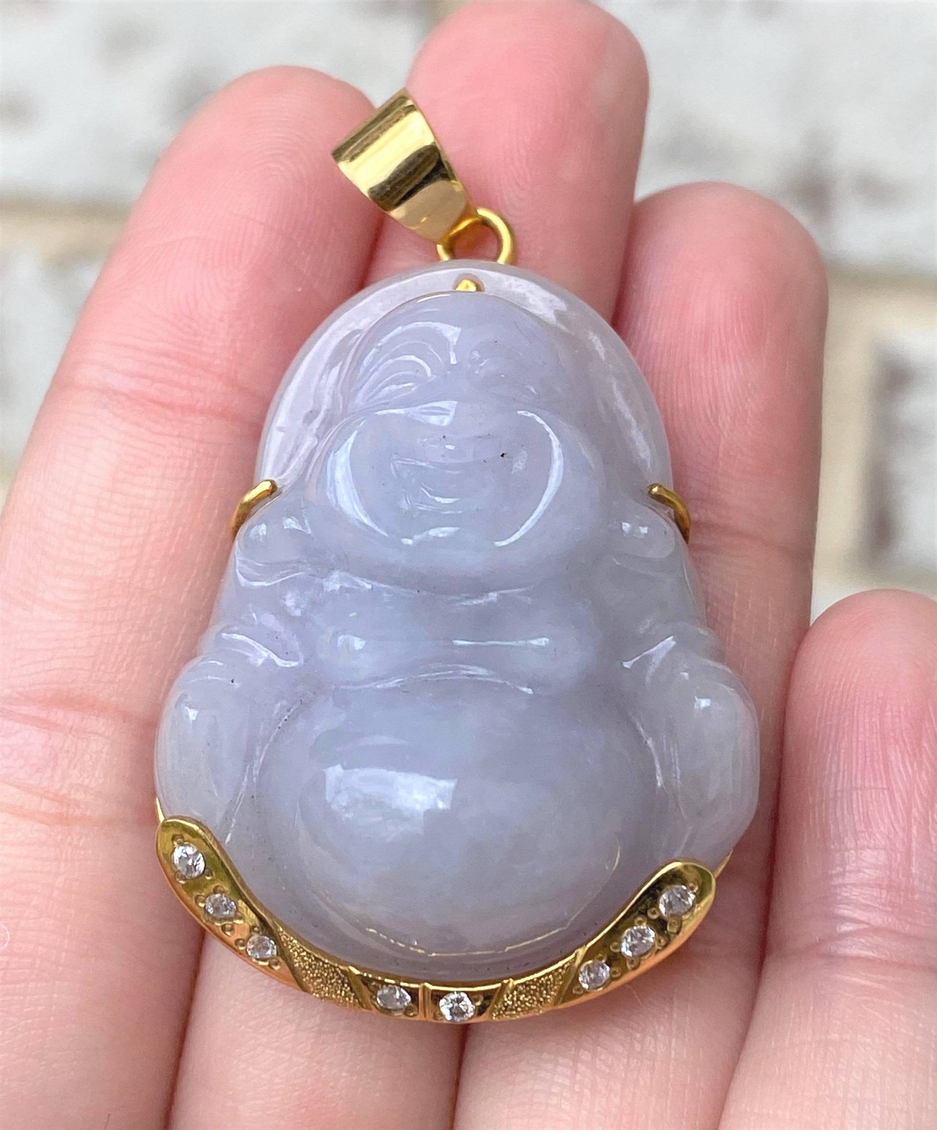 Vintage 18K Solid Gold Lila Lavendel Jadeit Jade, Weiß Topas Lachender Buddha Anhänger Mat Ong Dia von wandajewelry2013