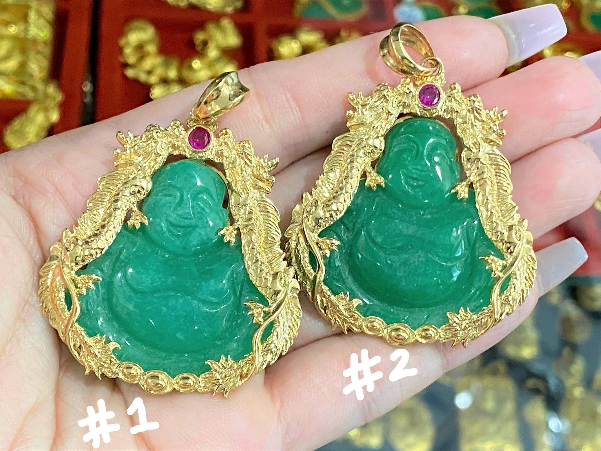 Vintage 18K Massive Gold Natur Grüner Jadeit Jade, Rubin Happy Buddha, Lucky Buddha Anhänger von wandajewelry2013