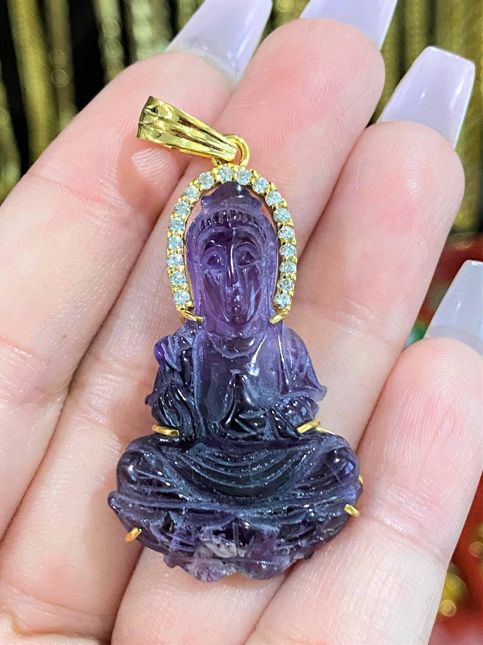 Vintage 18K Massiver Gelbgold Natürlicher Amethyst, Weißer Topaz Quan Yin Buddha Anhänger von wandajewelry2013