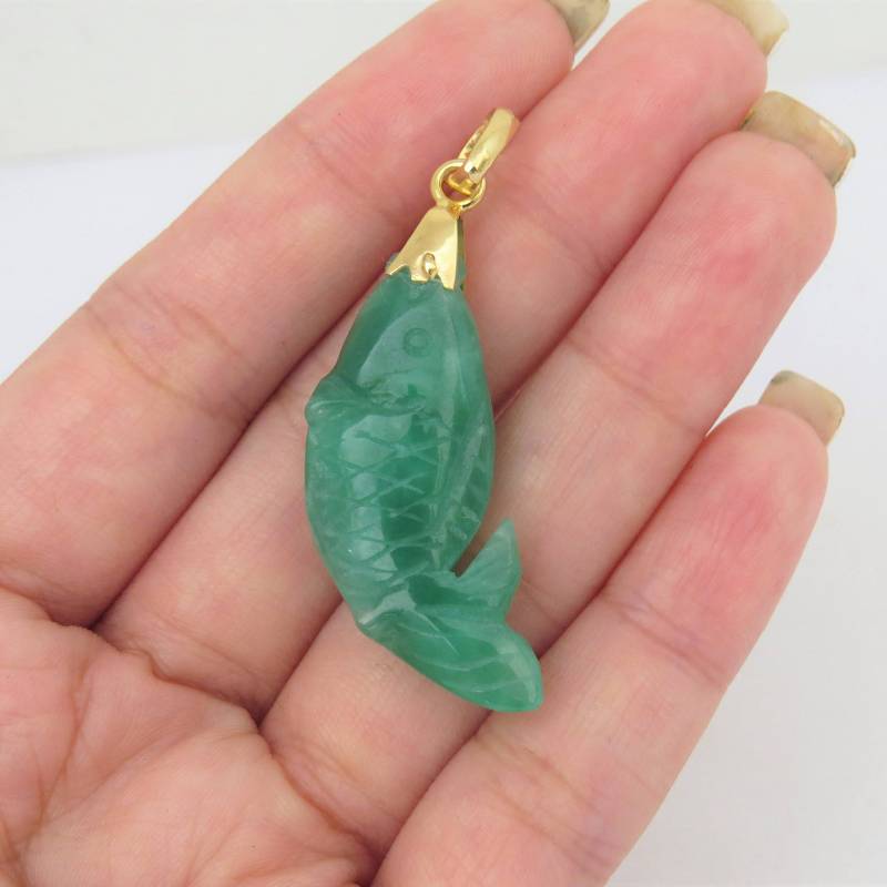 Vintage 18K Solid Gelb Gold Apple Green Jadeit Jade Fisch Anhänger von wandajewelry2013