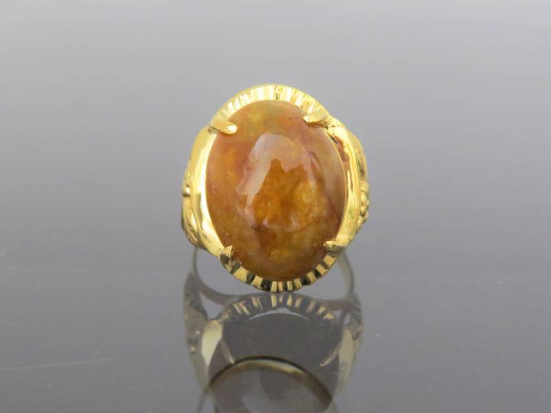 Vintage 18K Solid Gelb Gold Oval Honig Jadeit Jade Ring Größe 8 von wandajewelry2013