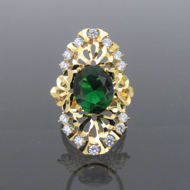 Vintage 18K Solid Gelb Gold Oval Smaragd & Weiß Topas Ring Größe 6, 75 von wandajewelry2013