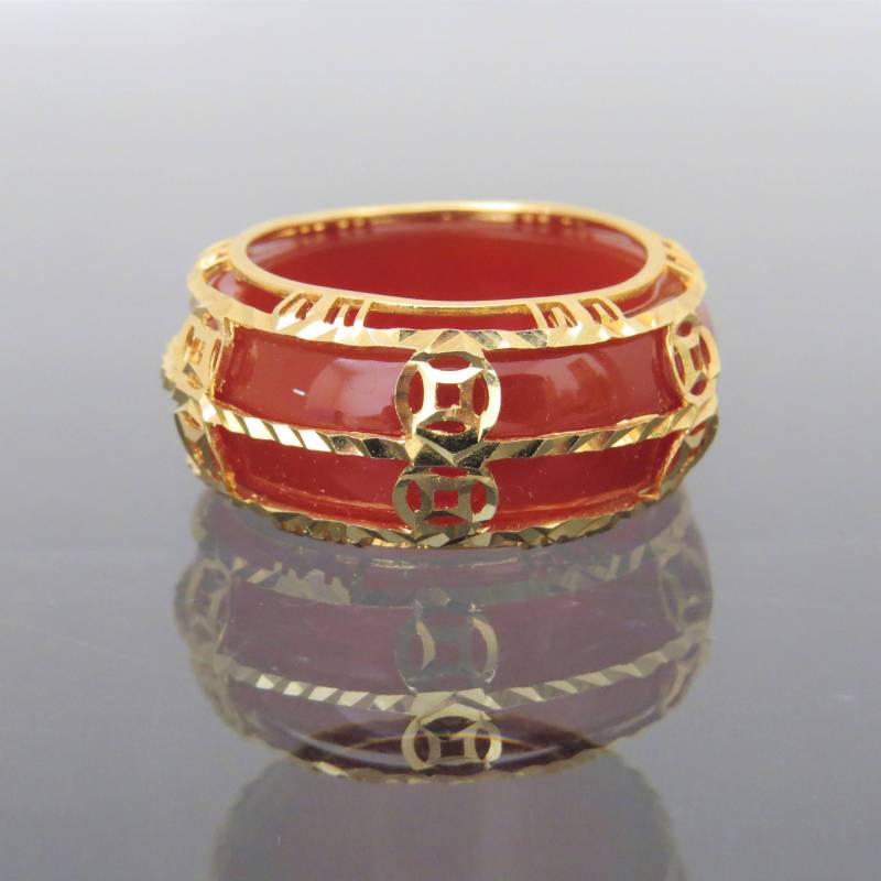 Vintage 18K Solid Gelb Gold Rot Achat Geld Münze Ring - Größe 9 von wandajewelry2013