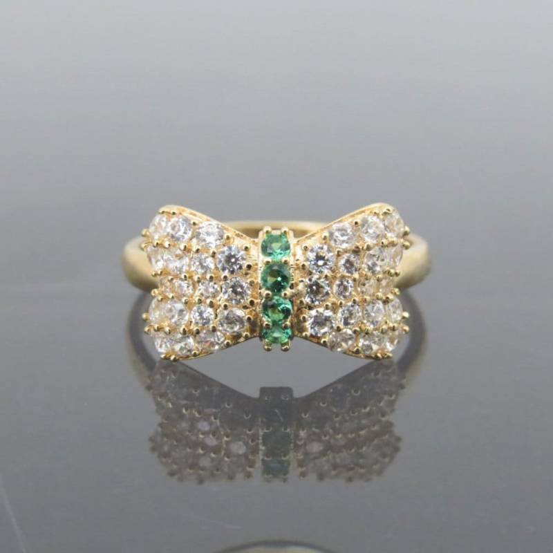 Vintage 18K Solid Gelb Gold Smaragd & Weißer Topas Bogen Ring Größe 5, 75 von wandajewelry2013