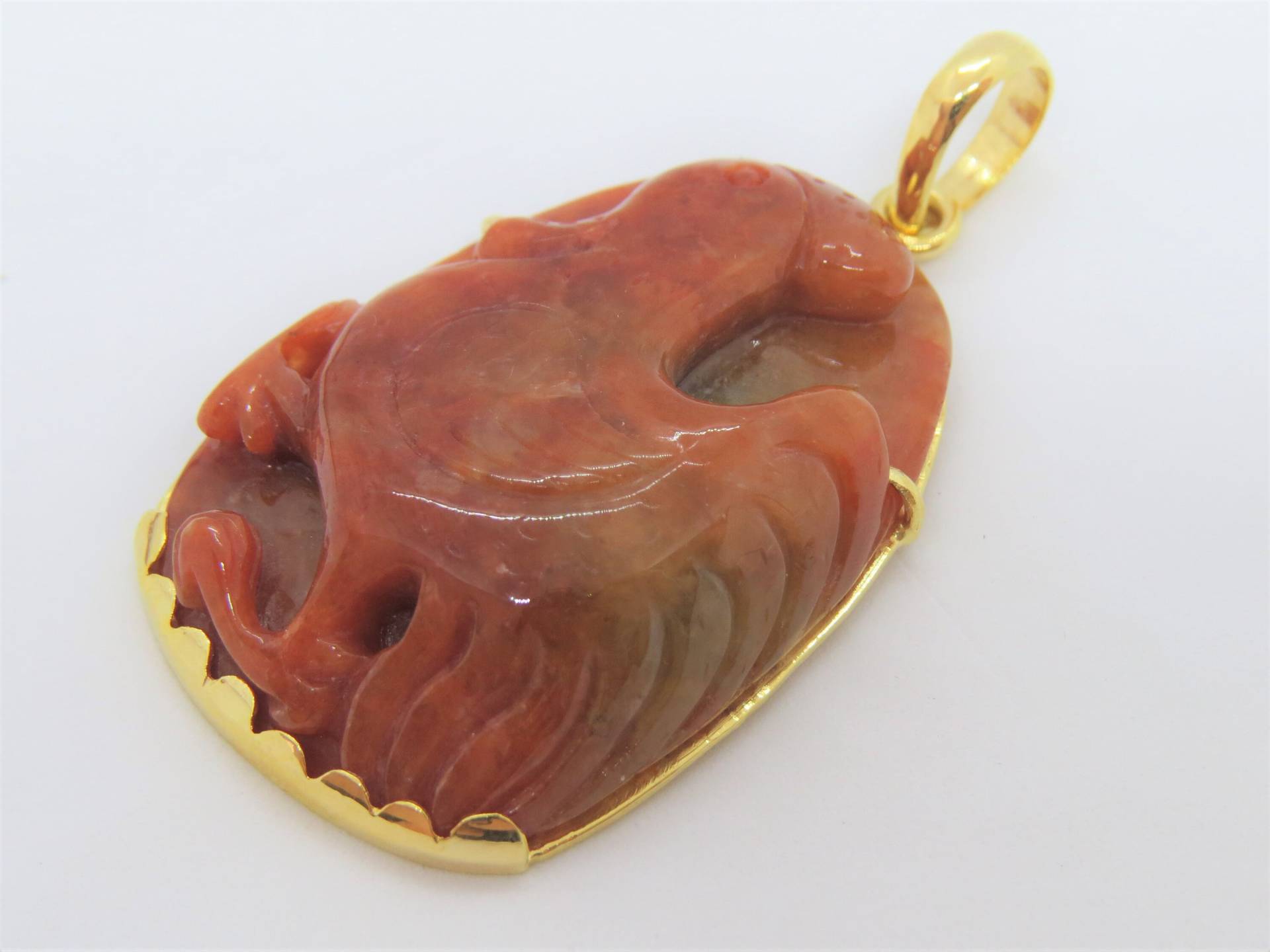 Vintage 18K Solid Gelb Gold Translucent Grün, Rot Jadeit Jade Hahn Anhänger von wandajewelry2013