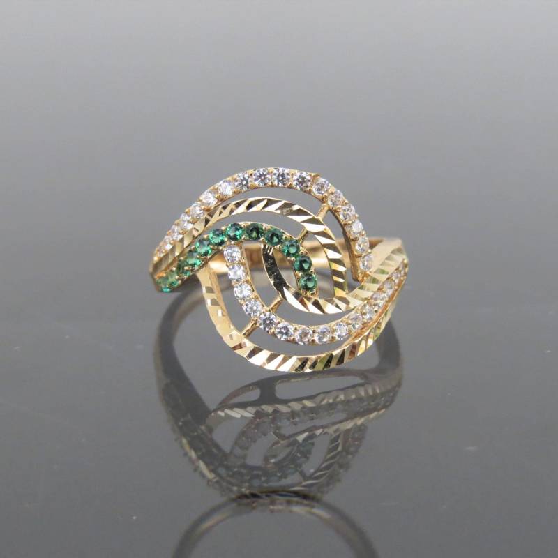 Vintage 18K Solid Gelb Gold Weiß Topaz & Smaragd Swirly Dome Ring Größe 6 von wandajewelry2013