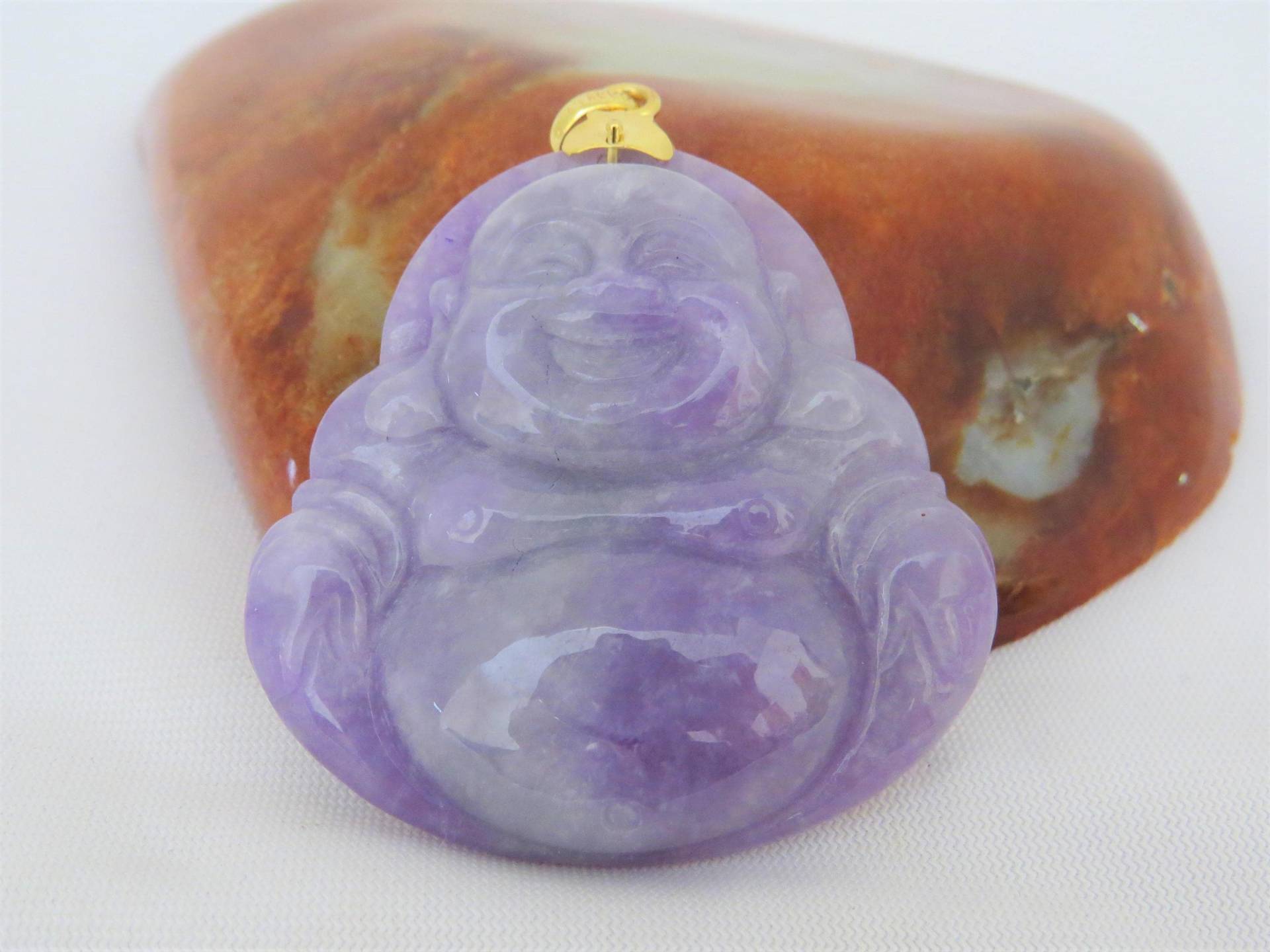 Vintage 18K Solid Gelbgold Natürliche Lila Lavendel Jadeit Jade Lachender Buddha Anhänger von wandajewelry2013