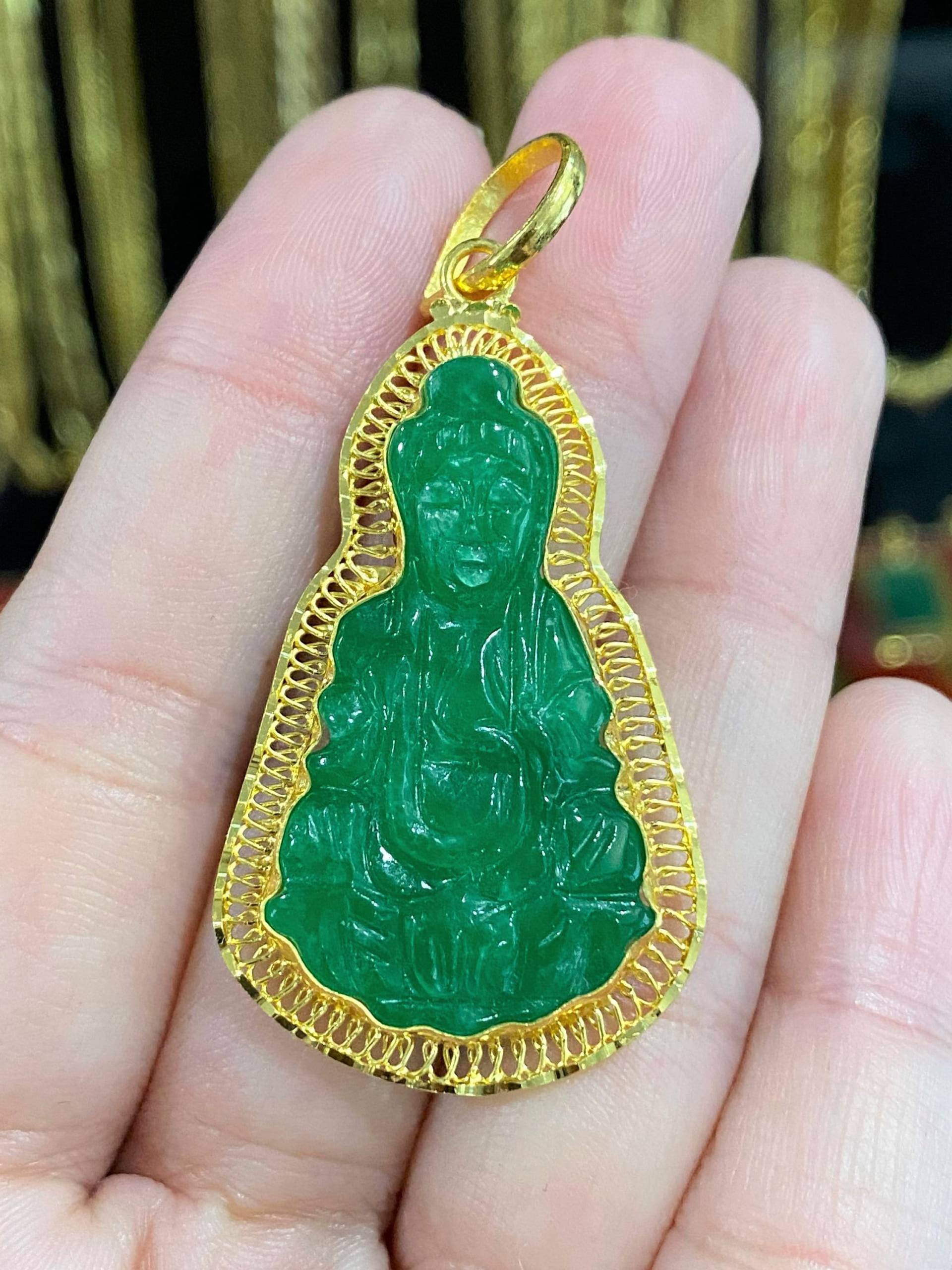 Vintage 24K 980 Massives Gold Grüner Jadeit Jade Kwan Yin Buddha Anhänger. Phat Ba Quan Am von wandajewelry2013