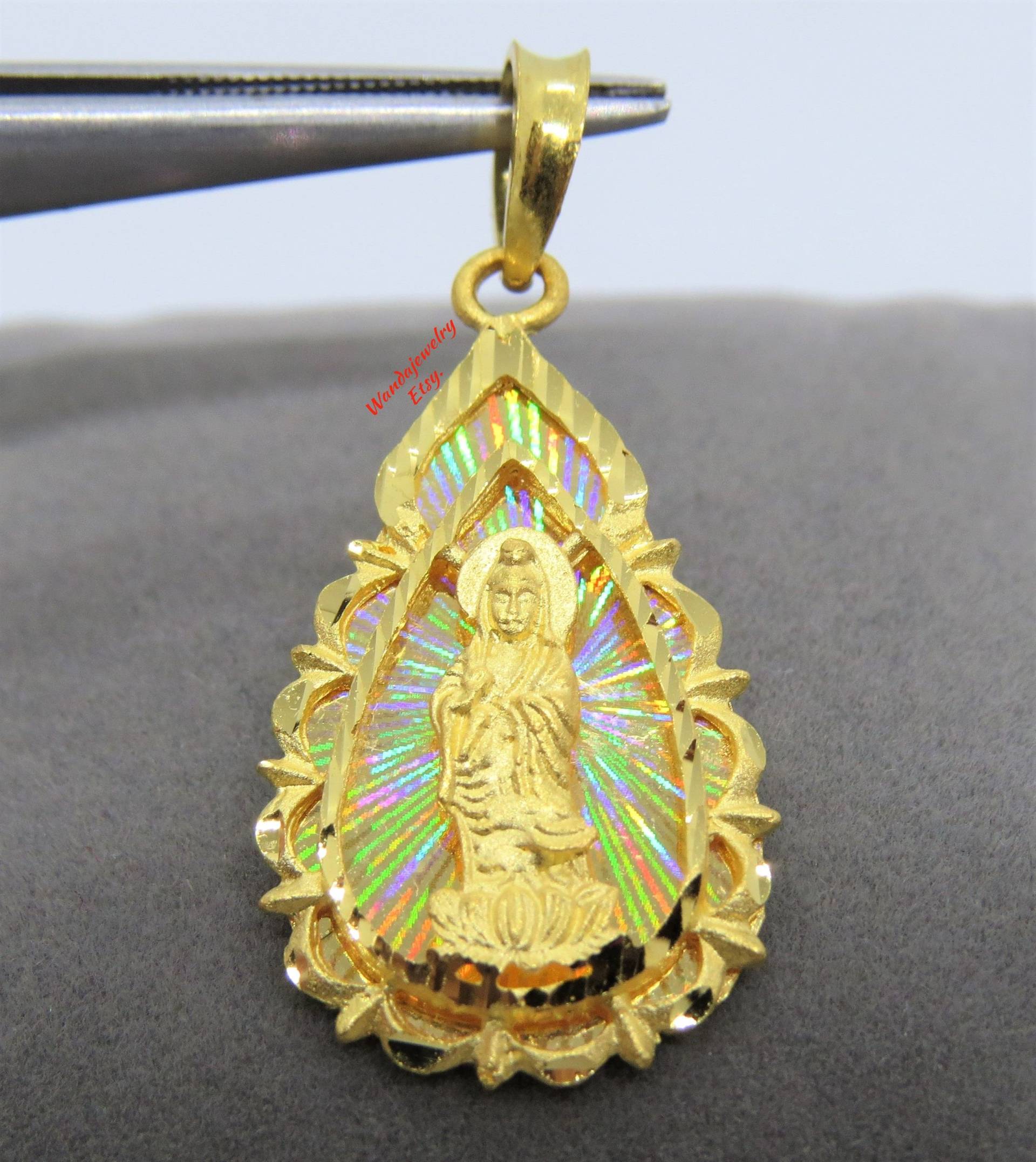 Vintage 24K 980Er Reiner Gold Kwan-Yin Guan Yin Buddha Diamantschliff Anhänger von wandajewelry2013