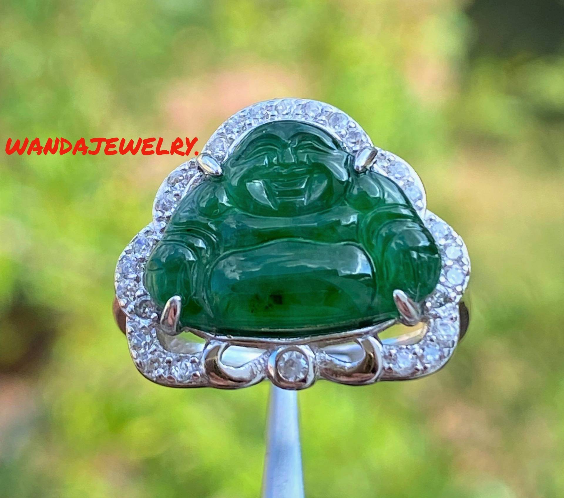 Vintage Durchscheinende Natürliche Smaragdgrün Jadeit Jade, Weißer Topas Lachender Buddha, Glücklicher Buddha Sterlingsilber Verstellbarer Ring von wandajewelry2013