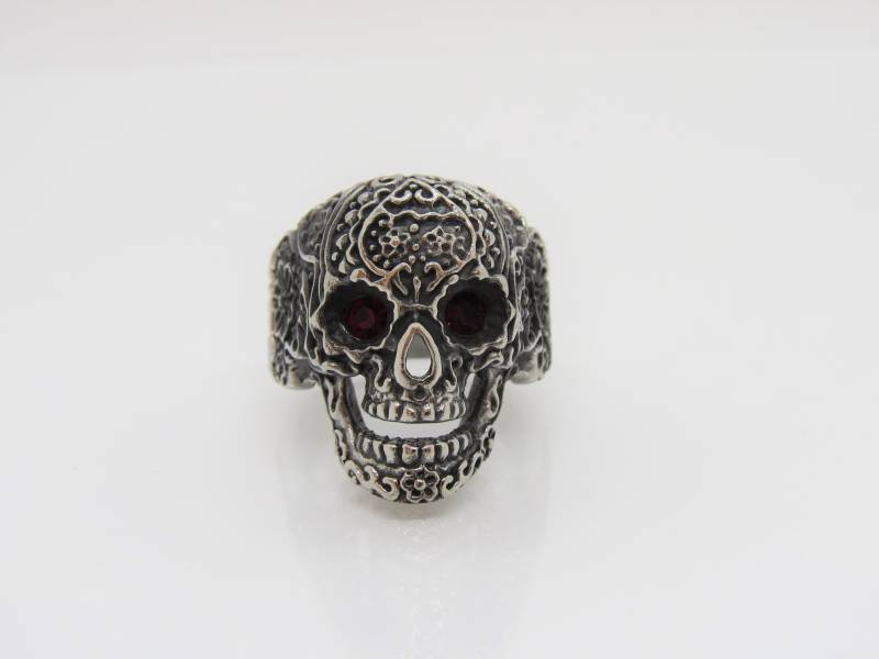 Vintage Gothic Schmuck Silber Ton Rot Strass Skull Ring Größe 13 von wandajewelry2013