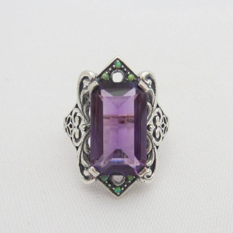Vintage Sterling Silber Amethyst & Grüner Opal Filigraner Ring Größe 9 von wandajewelry2013