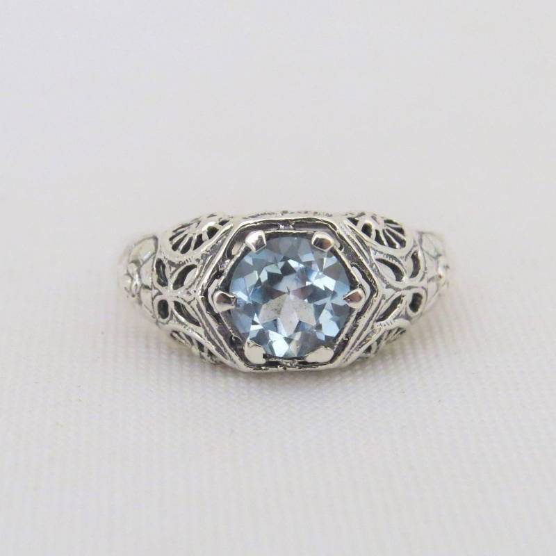Vintage Sterling Silber Aquamarin Filigree Ring Größe 6 von wandajewelry2013
