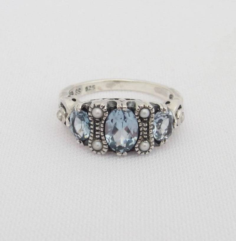 Vintage Sterling Silber Aquamarin & Rocailles Perle Ring Größe 8 von wandajewelry2013