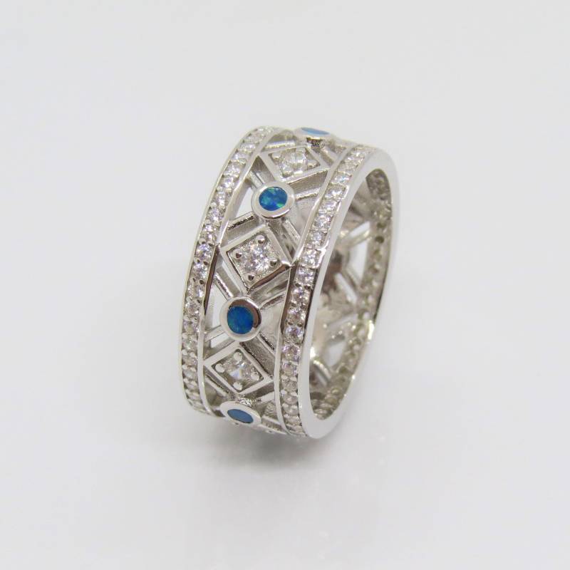 Vintage Sterling Silber Blauer Opal & Weißer Topas Ehering Größe 6, 5 von wandajewelry2013