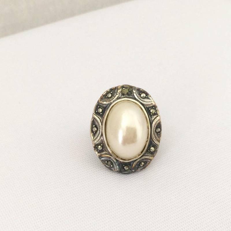 Vintage Sterling Silber Faux Perle & Markasit Ring Größe 6 von wandajewelry2013