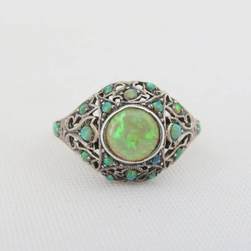 Vintage Sterling Silber Grüner Opal Filigraner Ring Größe 10 von wandajewelry2013