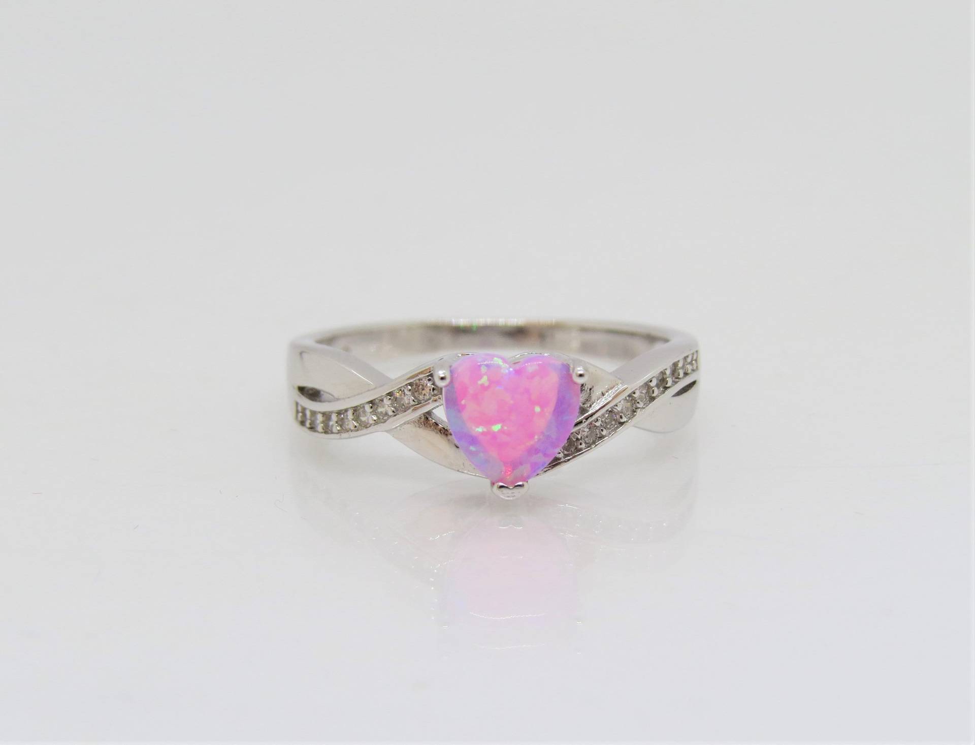 Vintage Sterling Silber Herz Rosa Opal & Weiß Topas Ring Gr. 7 von wandajewelry2013